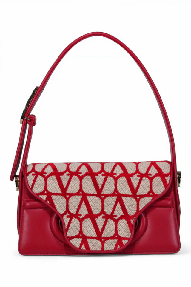 Valentino Garavani VLogo Canvas and Leather Shoulder Bag in Red
