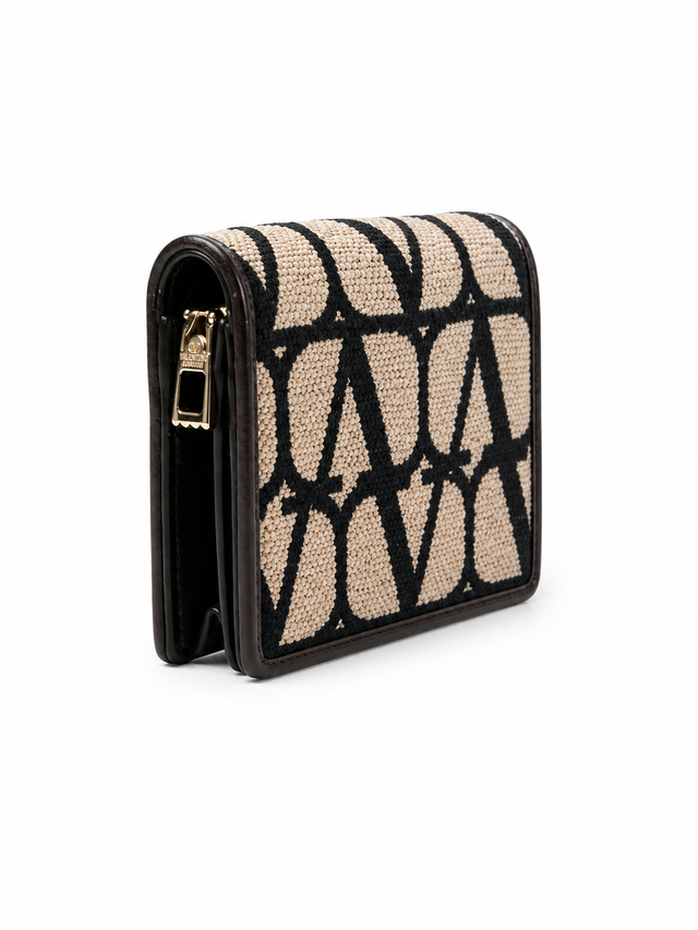 Valentino Garavani Toile Iconographe Canvas & Leather Card Holder with Zip Pouch Beige/Black