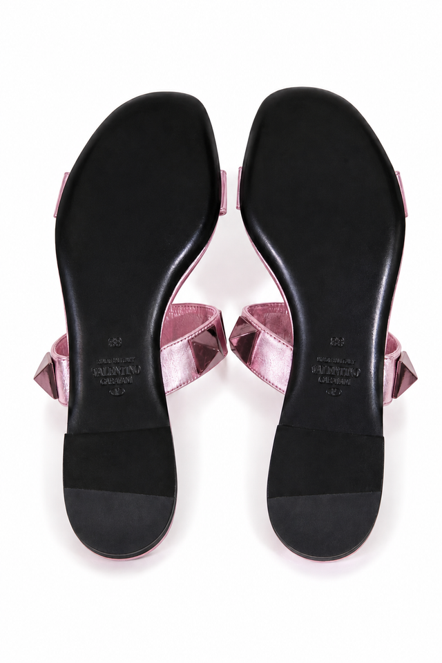 Valentino Garavani Roman Stud Metallic Pink Flat Sandals
