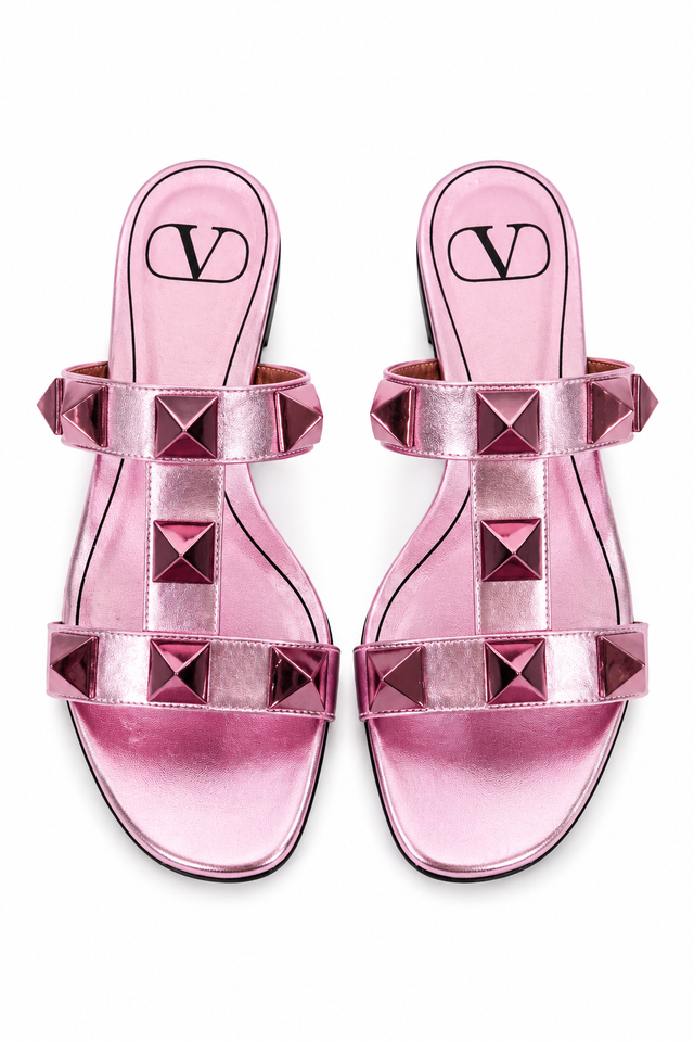 Valentino Garavani Roman Stud Metallic Pink Flat Sandals