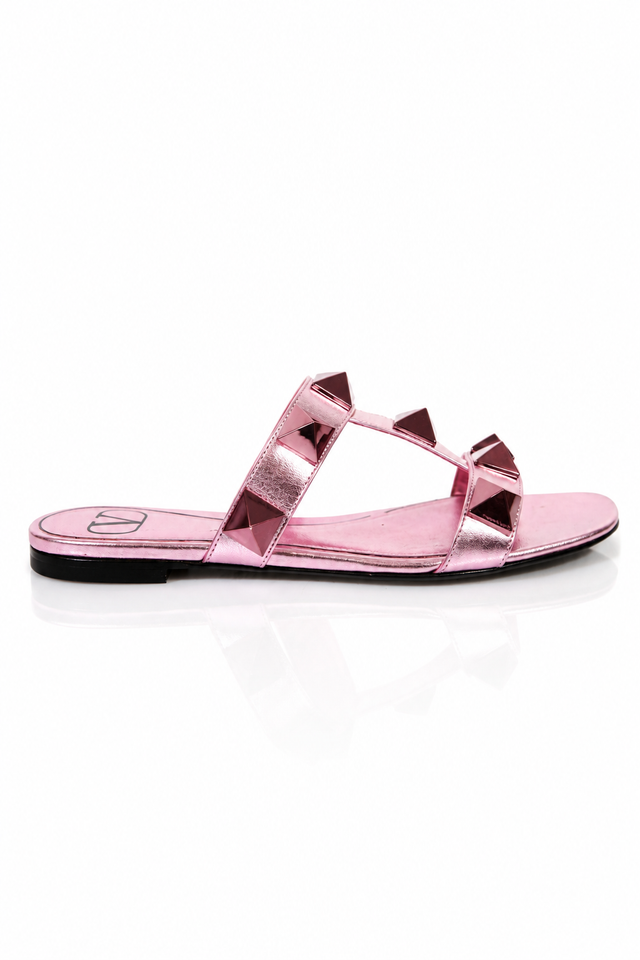 Valentino Garavani Roman Stud Metallic Pink Flat Sandals