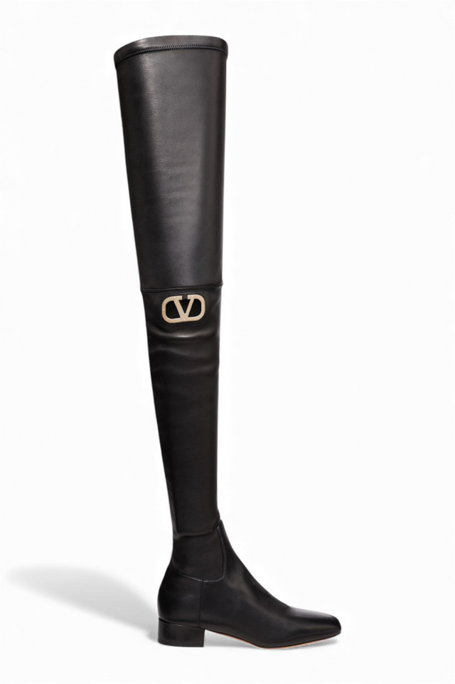 Valentino Garavani VLogo Leather Over-the-Knee Boots — Black