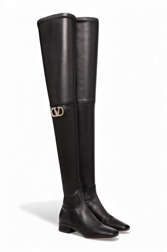 Valentino Garavani VLogo Leather Over-the-Knee Boots — Black