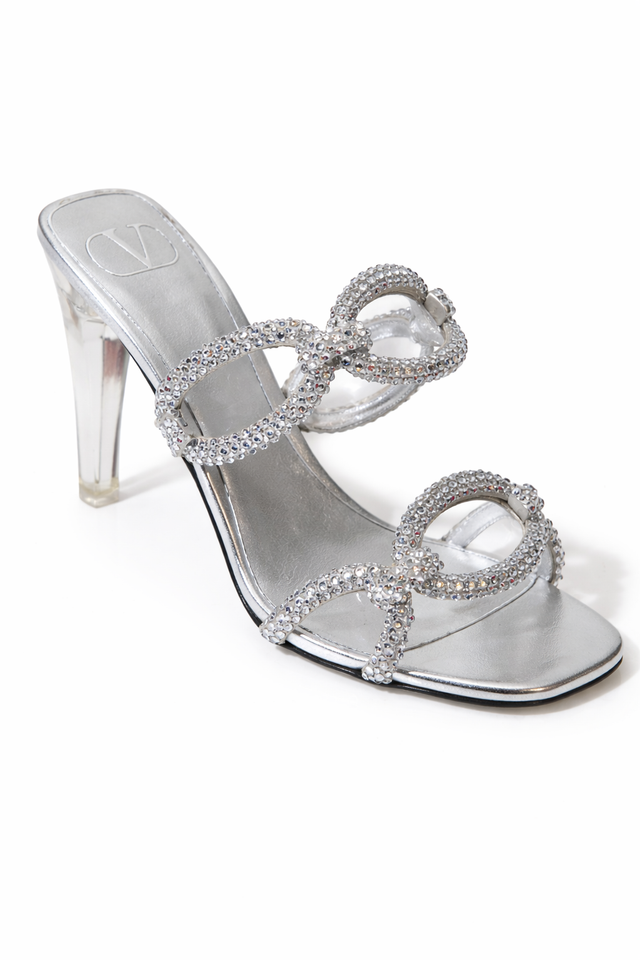 Valentino Garavani Crystal-Embellished Loop Strap Heeled Sandals – Silver