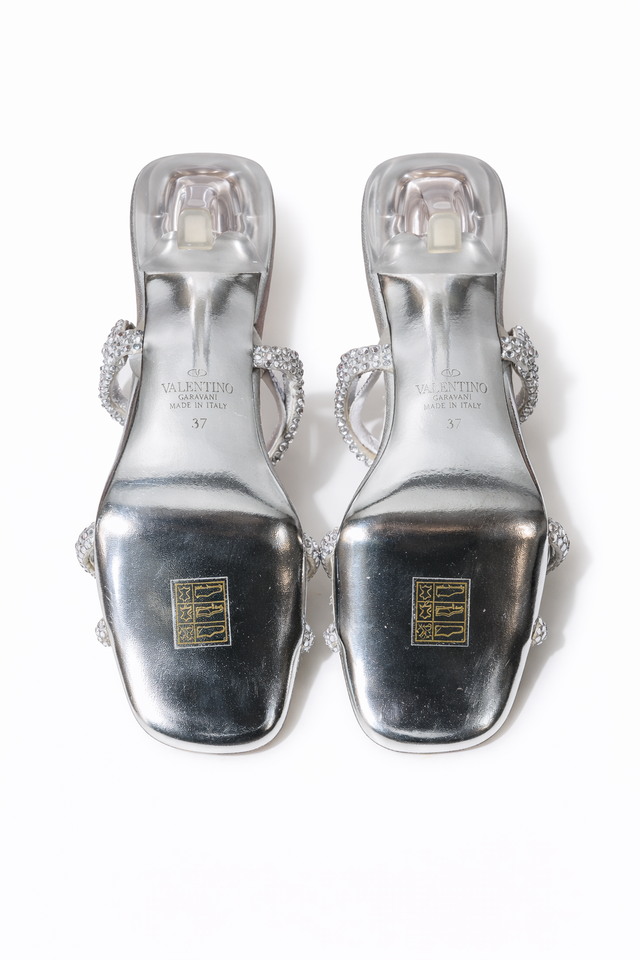 Valentino Garavani Crystal-Embellished Loop Strap Heeled Sandals – Silver