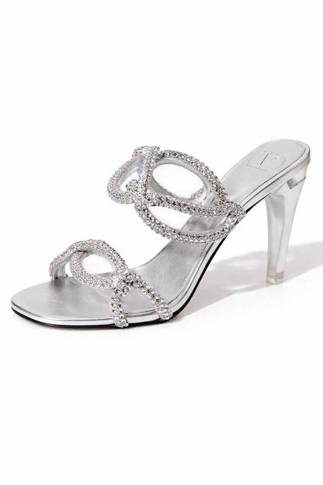 Valentino Garavani Crystal-Embellished Loop Strap Heeled Sandals – Silver