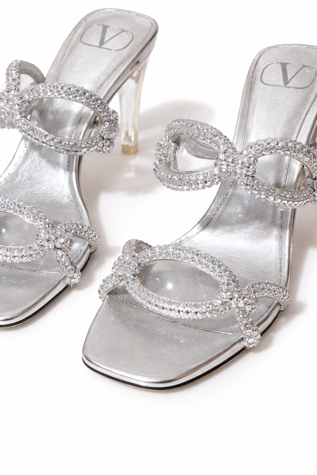 Valentino Garavani Crystal-Embellished Loop Strap Heeled Sandals – Silver