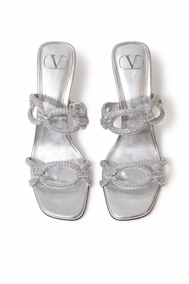 Valentino Garavani Crystal-Embellished Loop Strap Heeled Sandals – Silver