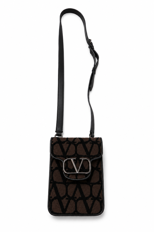 Valentino Garavani Toile Iconographe VLogo Phone Crossbody Pouch – Dark Brown/Black