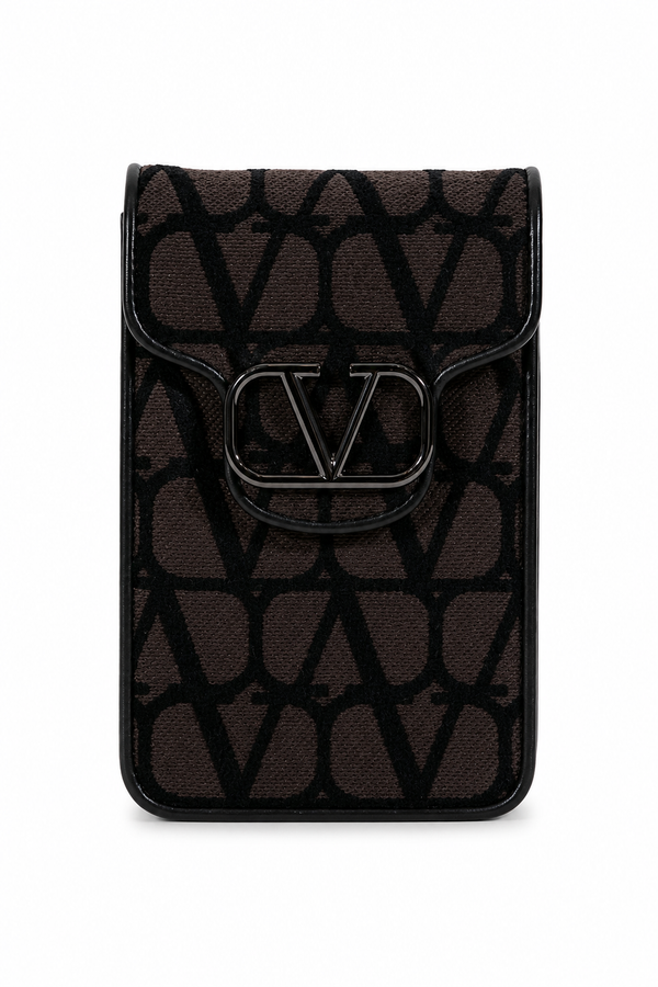 Valentino Garavani Toile Iconographe VLogo phone crossbody pouch in dark brown and black