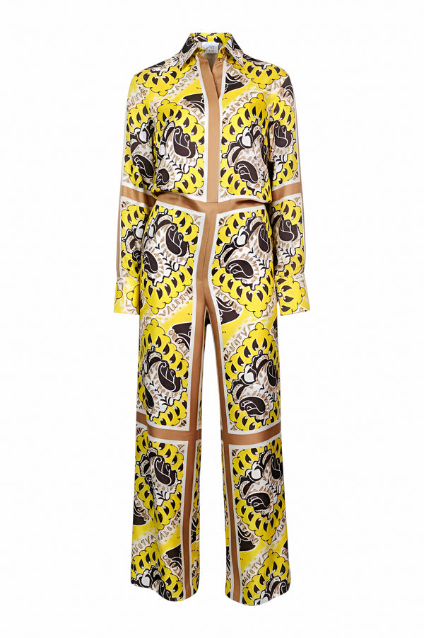 Valentino geometric print silk set in yellow, brown and cream, product photo.