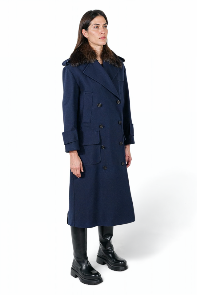 Navy Double-Breasted Wool Coat with Fur Collar