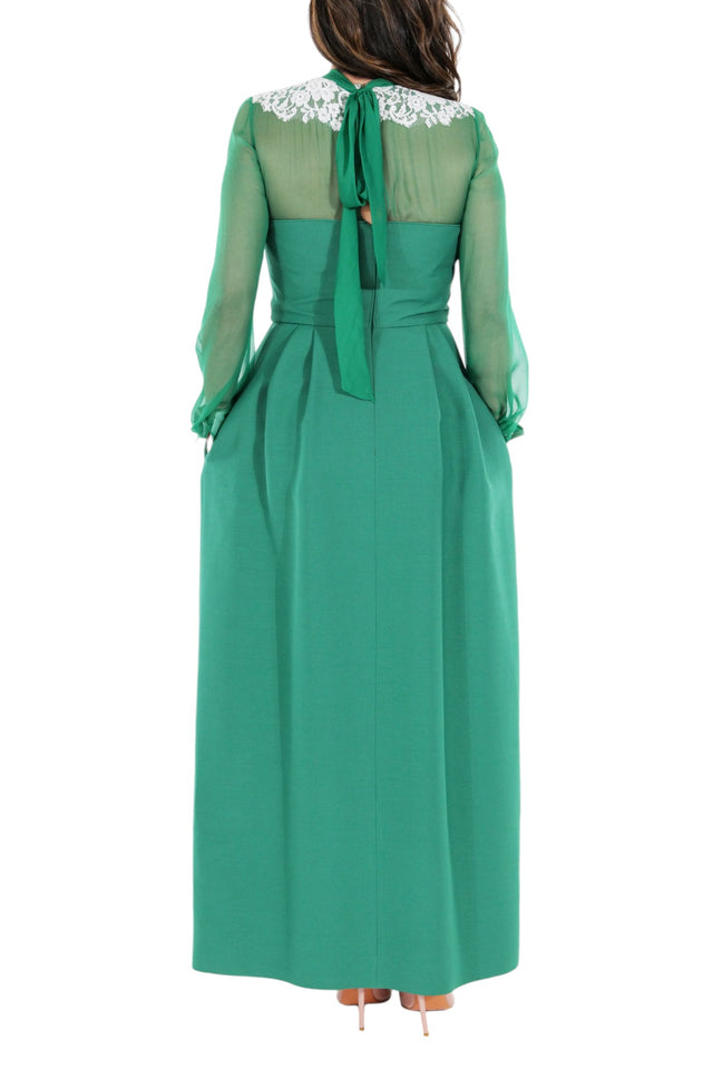 Valentino Green Lace Yoke Long-Sleeve Evening Gown