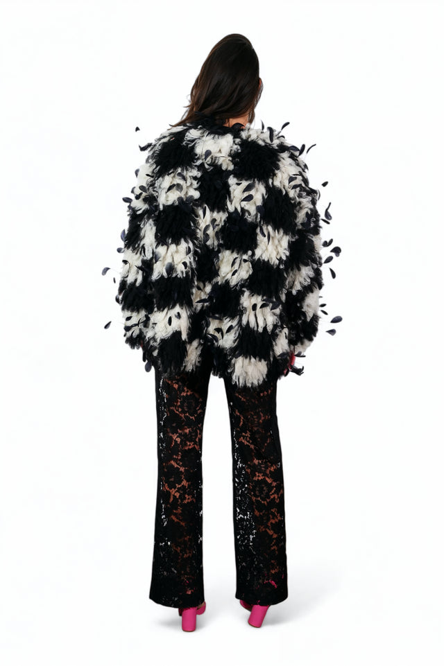 Valentino Black and White Feather-Embellished Coat