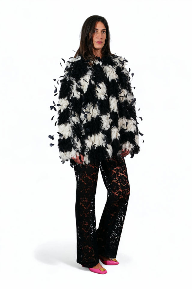 Valentino Black and White Feather-Embellished Coat