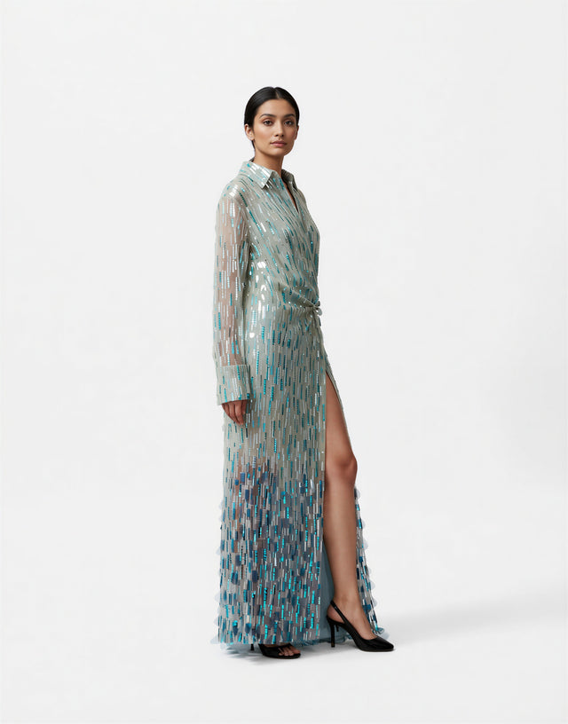 Valentino Embellished Sheer Shirt-Style Evening Gown