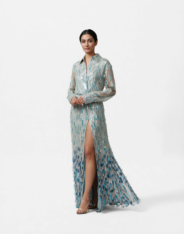 Valentino Embellished Sheer Shirt-Style Evening Gown
