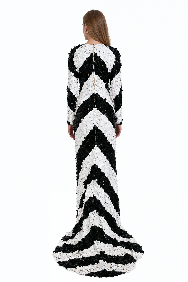 Valentino Chevron Sequin Long-Sleeve Evening Gown with Train