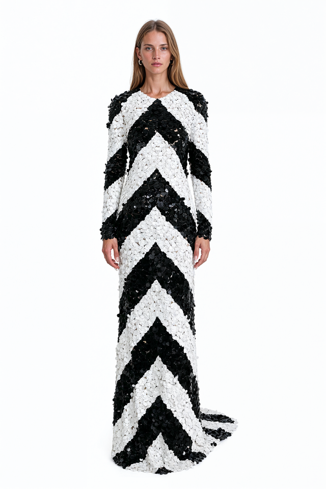 Valentino Chevron Sequin Long-Sleeve Evening Gown with Train