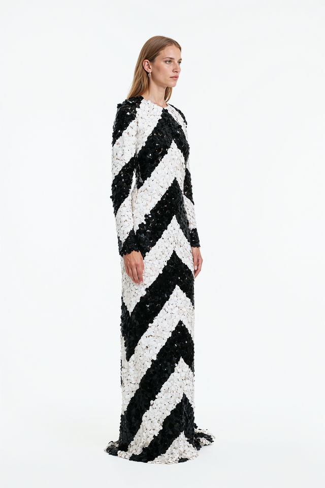 Valentino Chevron Sequin Long-Sleeve Evening Gown with Train