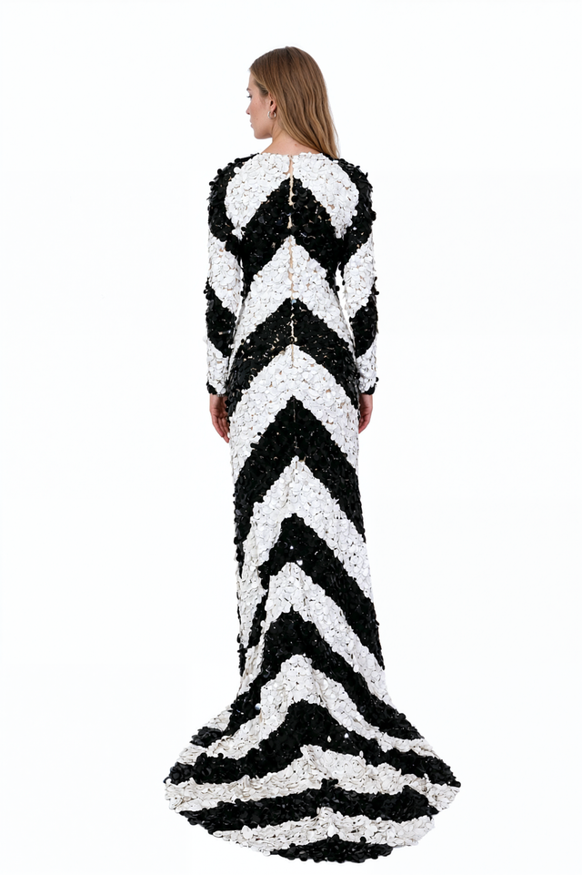 Valentino black and white chevron sequin column gown with long sleeves and train