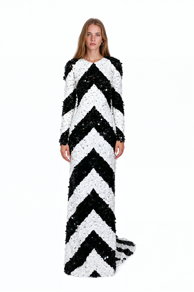 Valentino black and white chevron sequin column gown with long sleeves and train