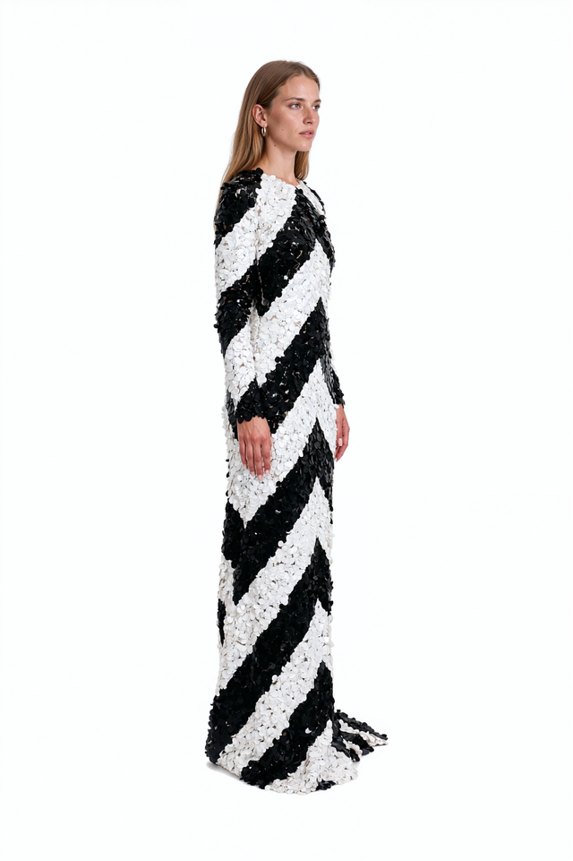Valentino black and white chevron sequin column gown with long sleeves and train