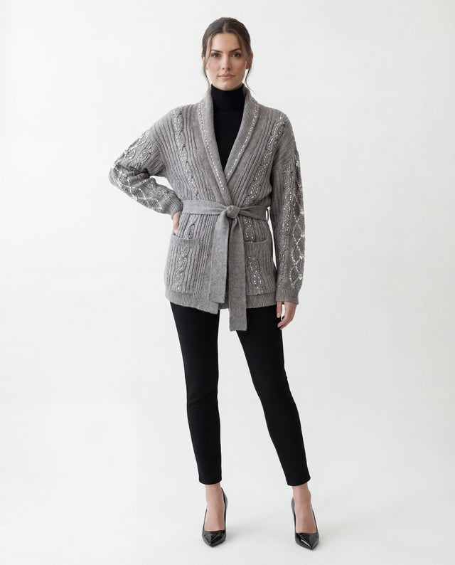 Valentino Grey Cable Knit Belted Cardigan