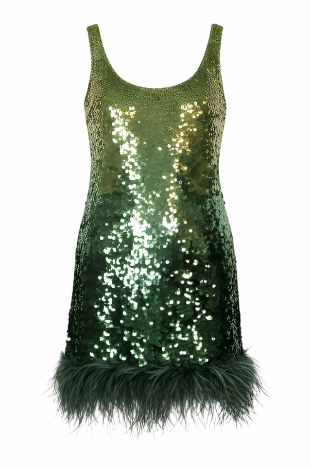 Green Sequin Mini Dress with Feather Hem