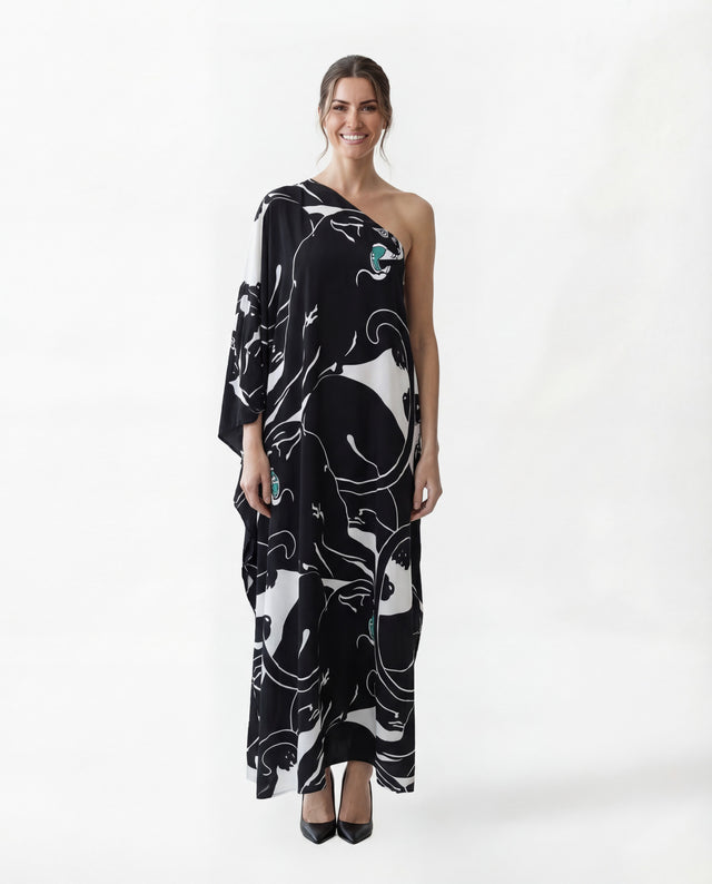 Valentino Black One-Shoulder Panther Print Silk Dress