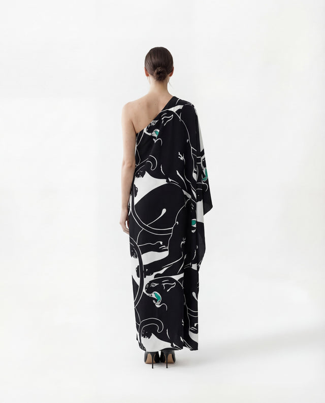 Valentino Black One-Shoulder Panther Print Silk Dress