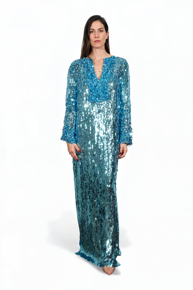 Valentino Embellished Sequin Caftan Gown in Turquoise
