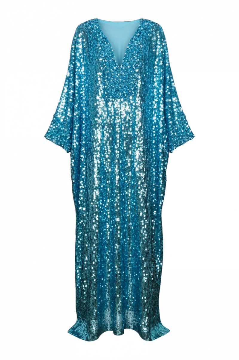 Valentino Embellished Sequin Caftan Gown in Turquoise