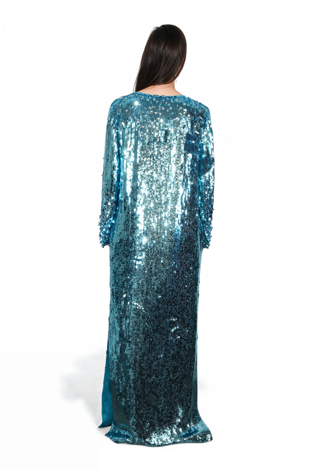 Valentino Embellished Sequin Caftan Gown in Turquoise