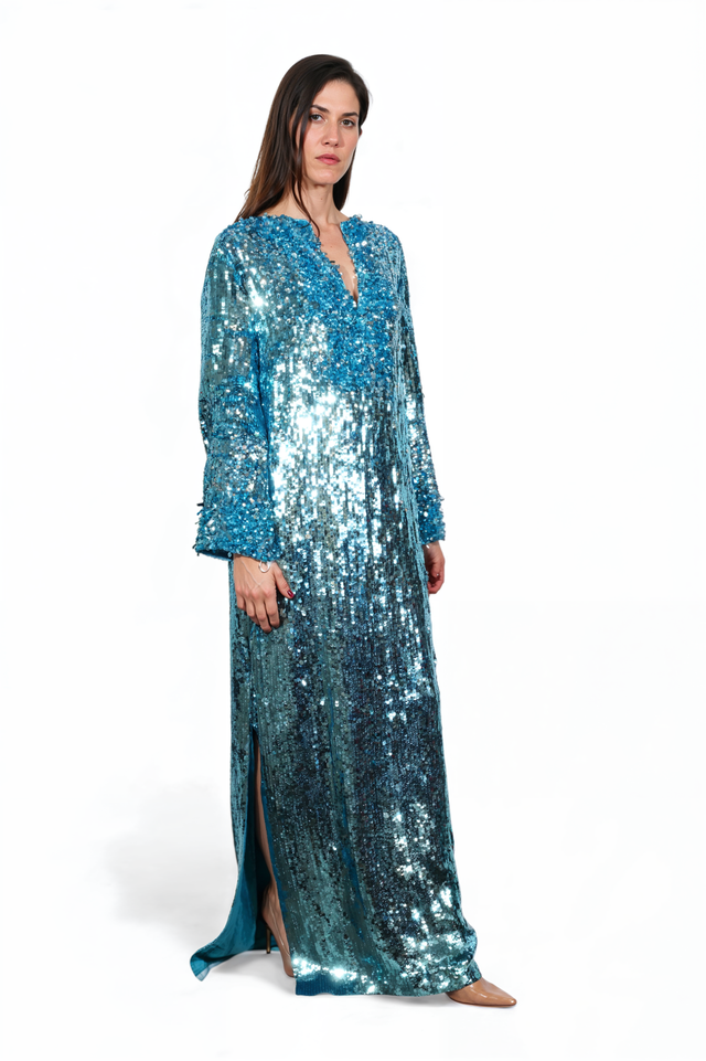 Valentino Embellished Sequin Caftan Gown in Turquoise