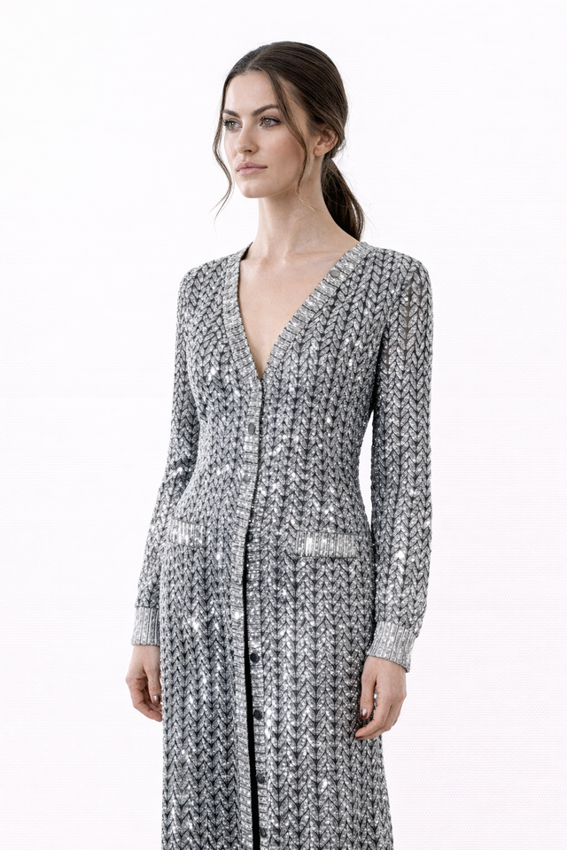 Valentino Silver Mirror-Embellished Deep-V Evening Gown