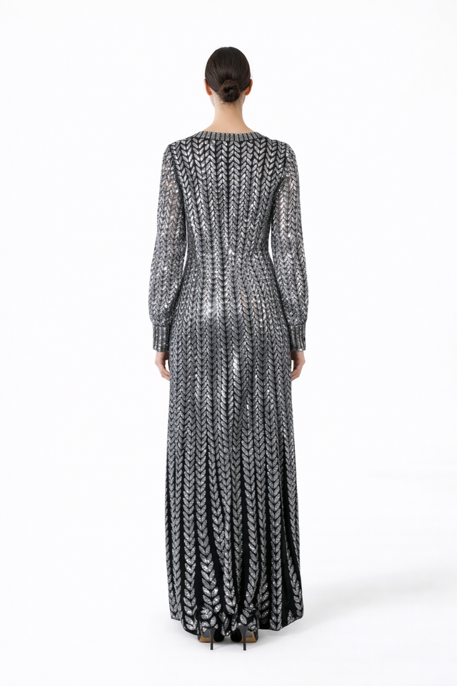 Valentino Silver Mirror-Embellished Deep-V Evening Gown