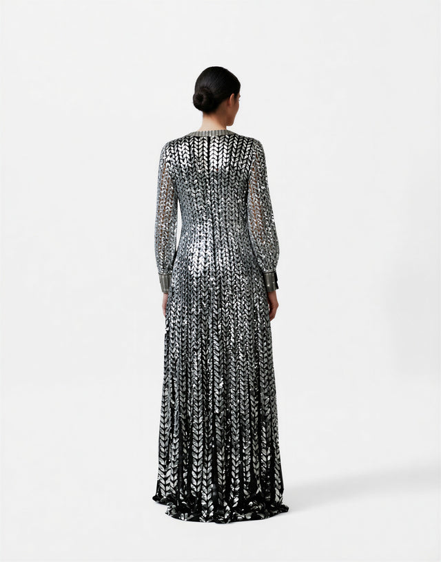 Valentino Silver Mirror-Embellished Deep-V Evening Gown