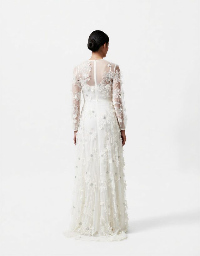 Valentino Sheer Floral Appliqué Long-Sleeve Gown