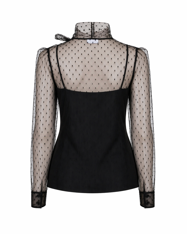 Red Valentino Sheer Polka Dot Tulle Blouse with Bow Neck in Black