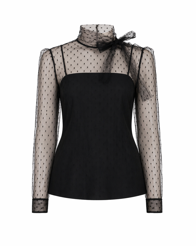 Red Valentino Sheer Polka Dot Tulle Blouse with Bow Neck in Black