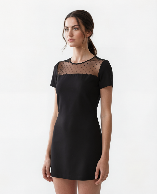 Red Valentino Sheer Polka Dot Tulle Panel Mini Dress in Black