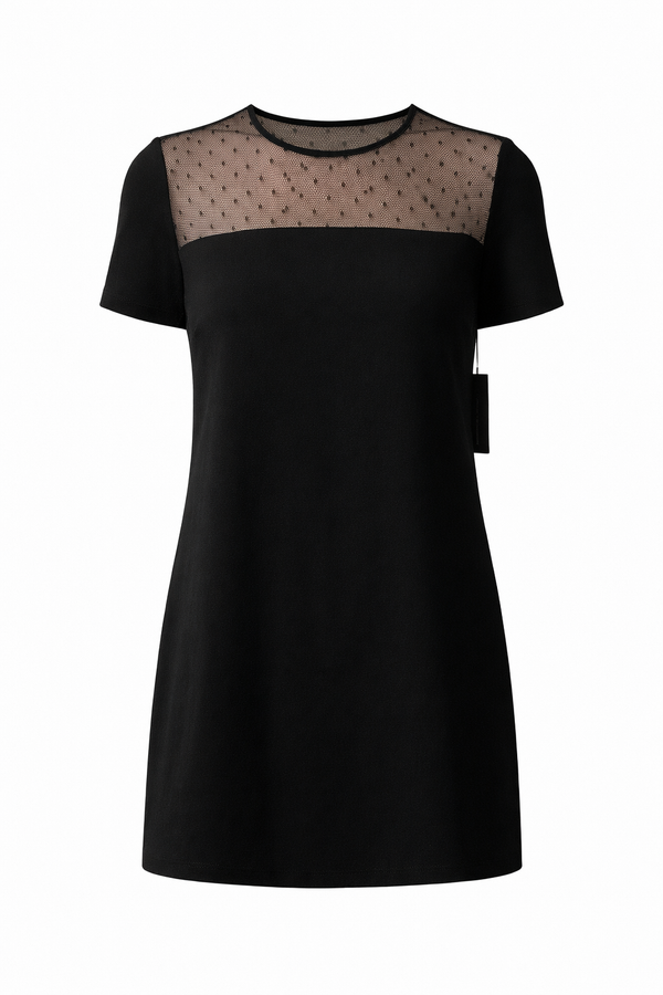 Red Valentino black mini dress with sheer polka dot tulle panel.