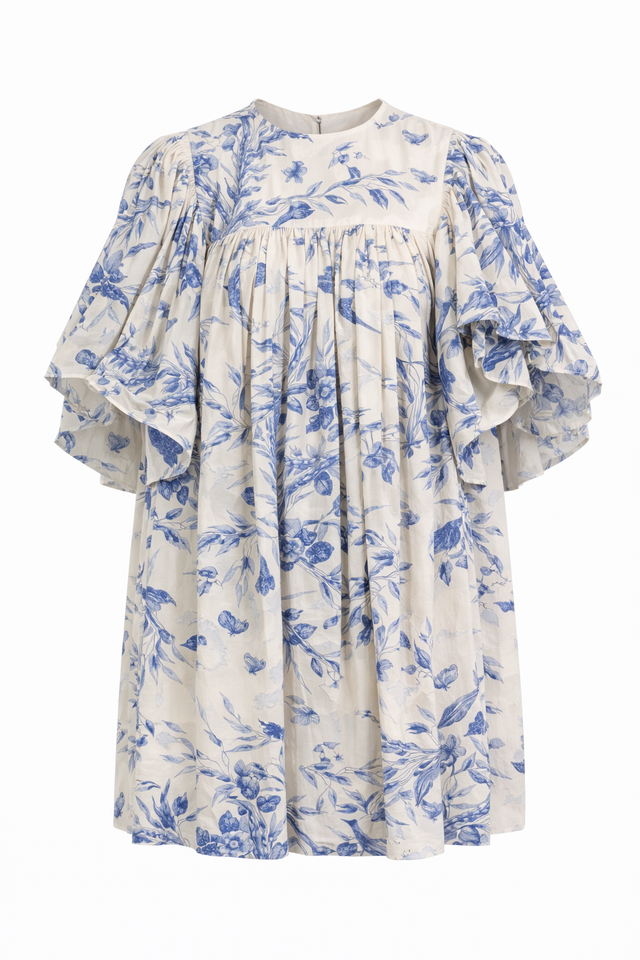 Red Valentino Floral Print Ruffle Sleeve Mini Dress in Ivory & Blue