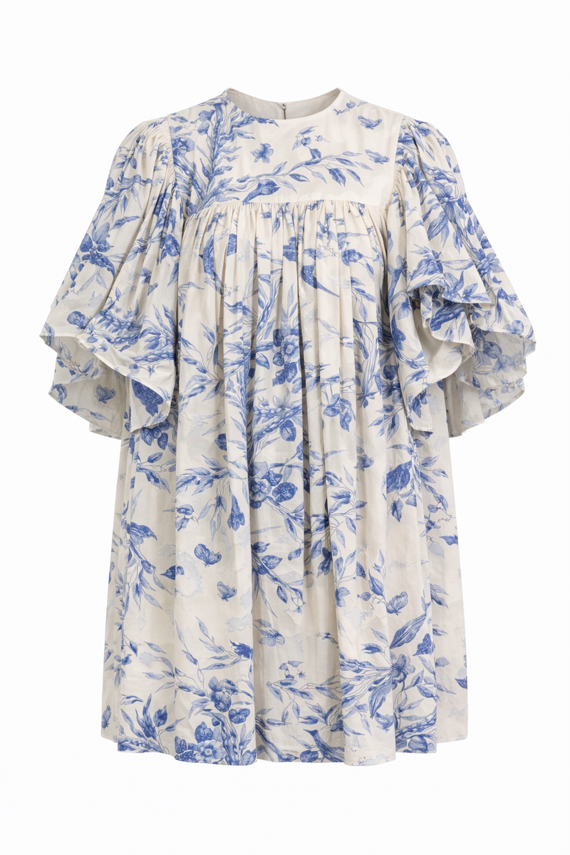 Red Valentino Floral Print Ruffle Sleeve Mini Dress in Ivory & Blue