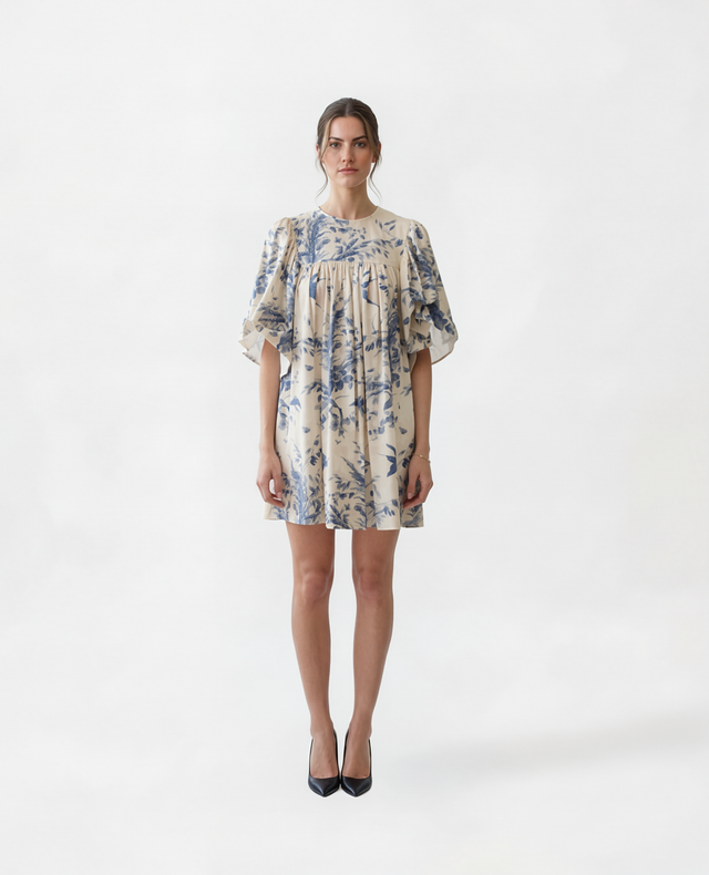Red Valentino Floral Print Ruffle Sleeve Mini Dress in Ivory & Blue