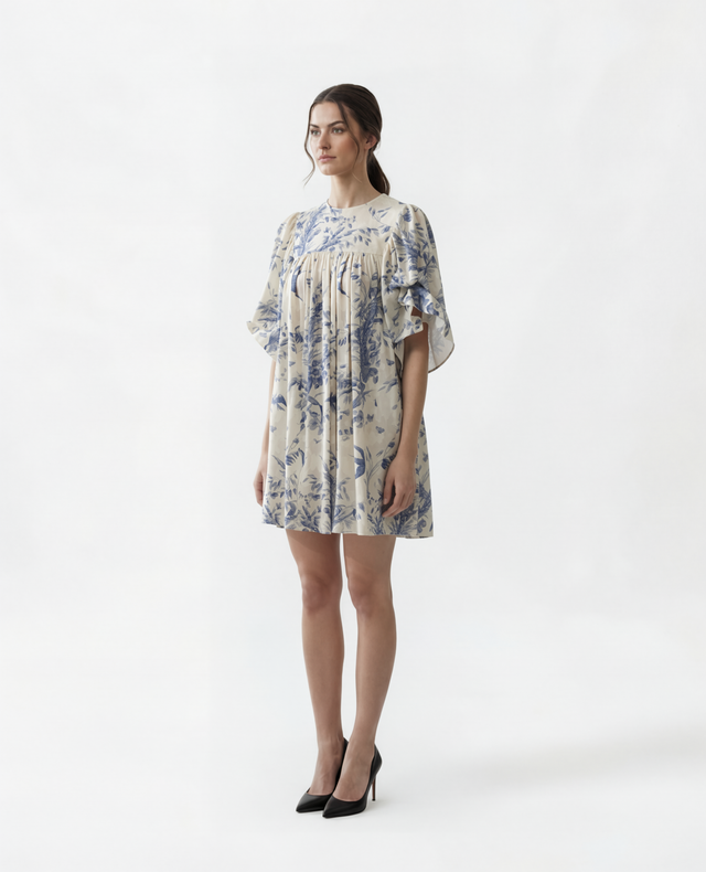 Red Valentino Floral Print Ruffle Sleeve Mini Dress in Ivory & Blue