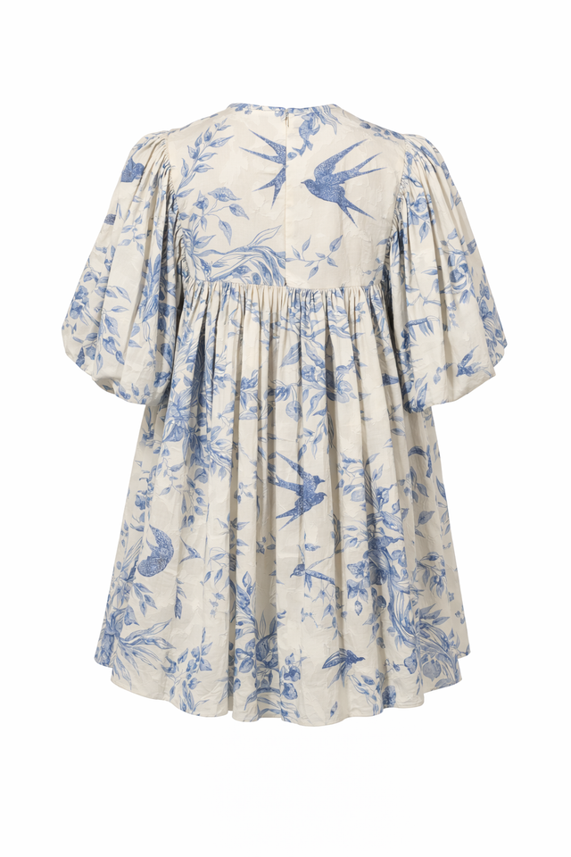 Red Valentino Floral Print Ruffle Sleeve Mini Dress in Ivory & Blue