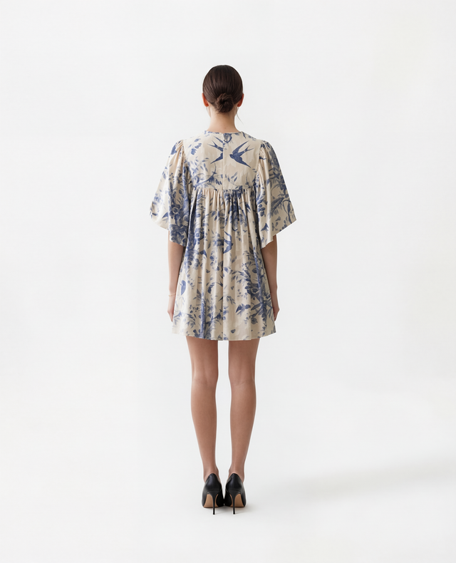 Red Valentino Floral Print Ruffle Sleeve Mini Dress in Ivory & Blue