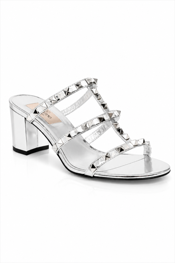 Valentino Garavani Rockstud Metallic Leather Slide Sandals Silver
